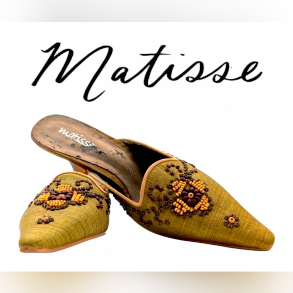 Matisse Satin Fabric Mules with  Beaded Accents Green Women's Size 8.5